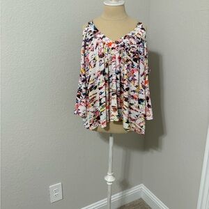 Rebecca Minkoff Multicolor Abstract Cold Shoulder 3/4 Sleeve Blouse
